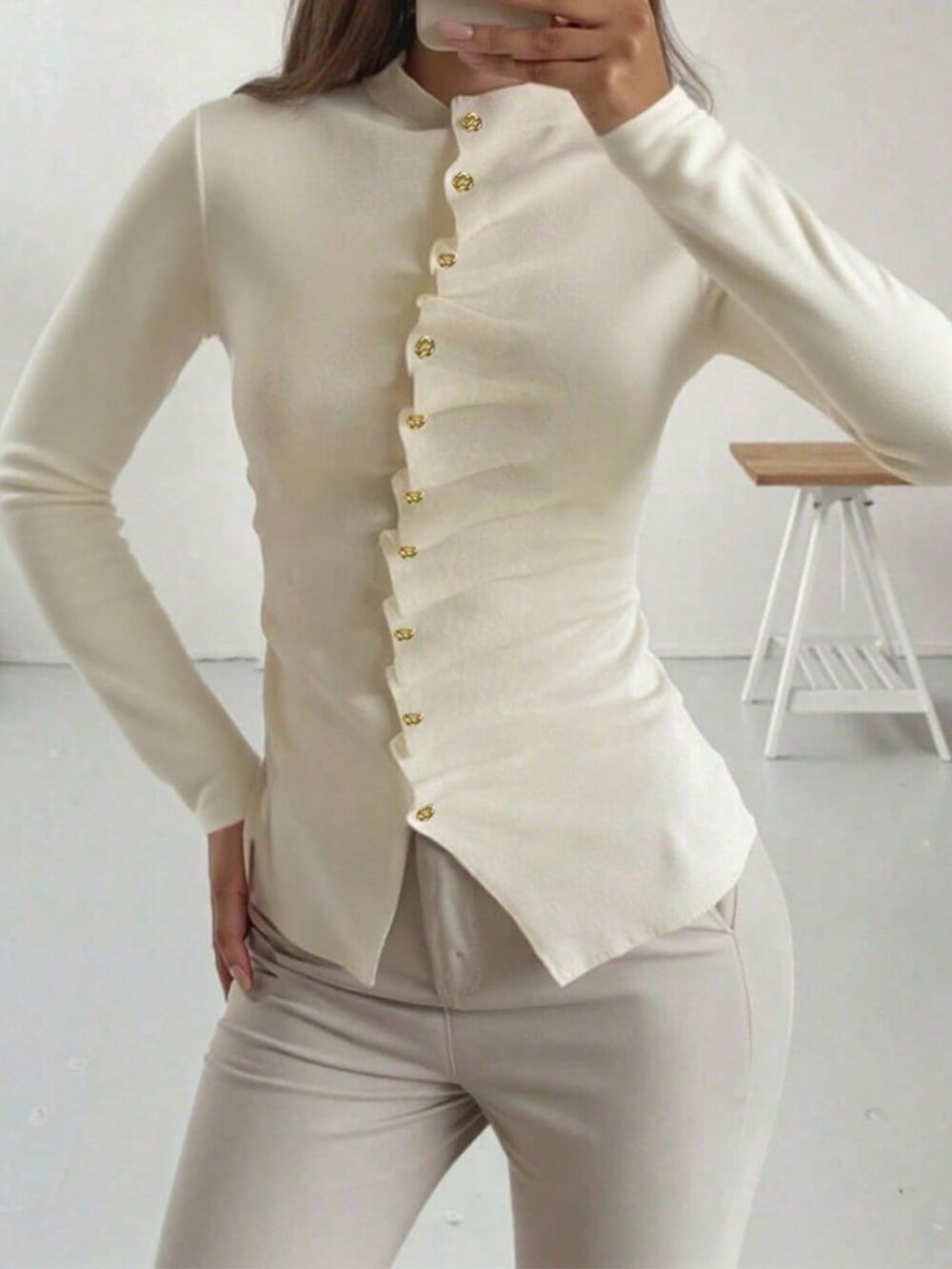 Apricot Elegant Women's Stand Collar Single-Breasted Long Sleeve Cardigan